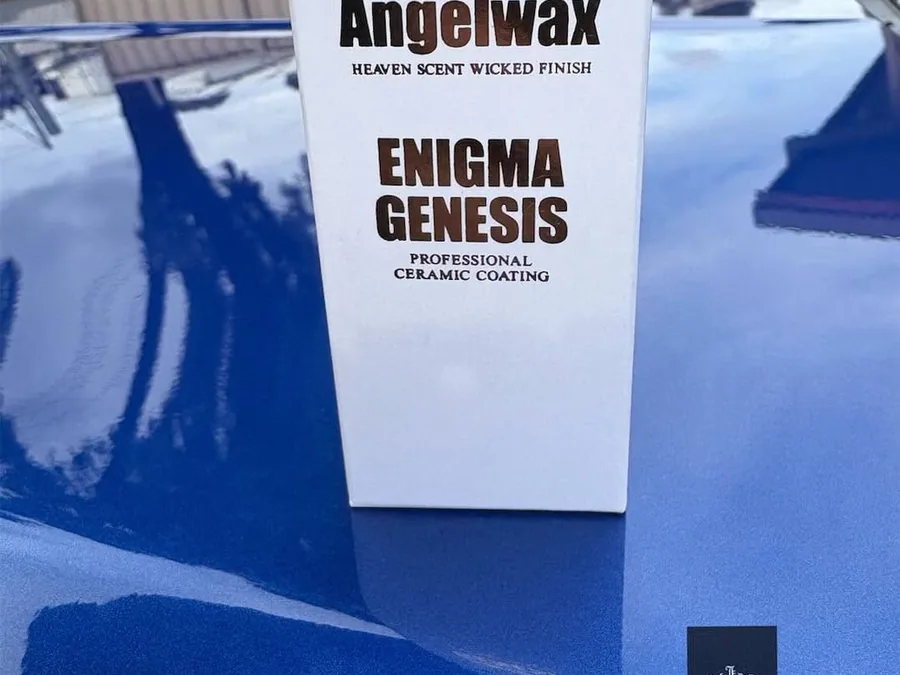 Angelwax Enigma Genesis professional ceramic coating being applied to a blue bonnet