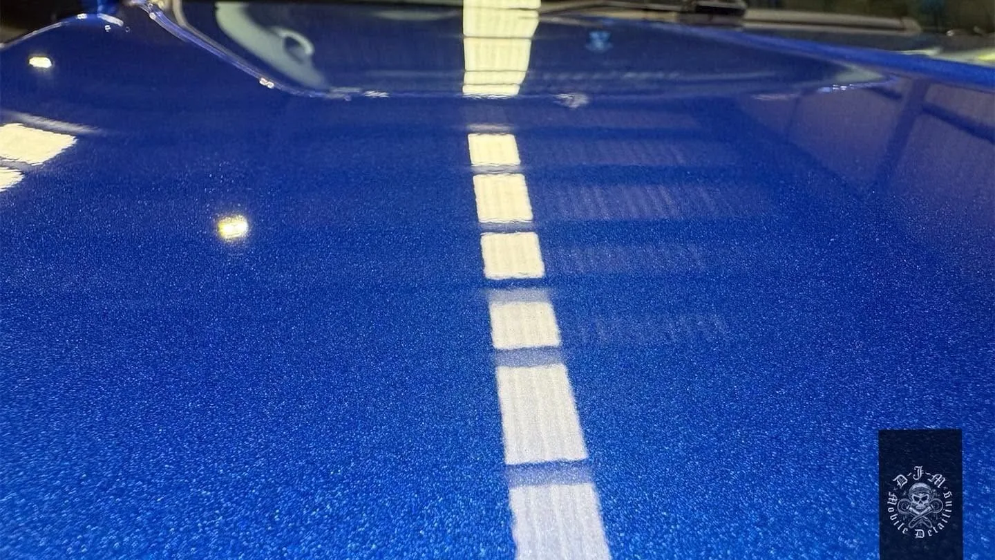 Deep gloss on a blue metallic bonnet after Angelwax ceramic coating at DJM Detailing, Bendigo