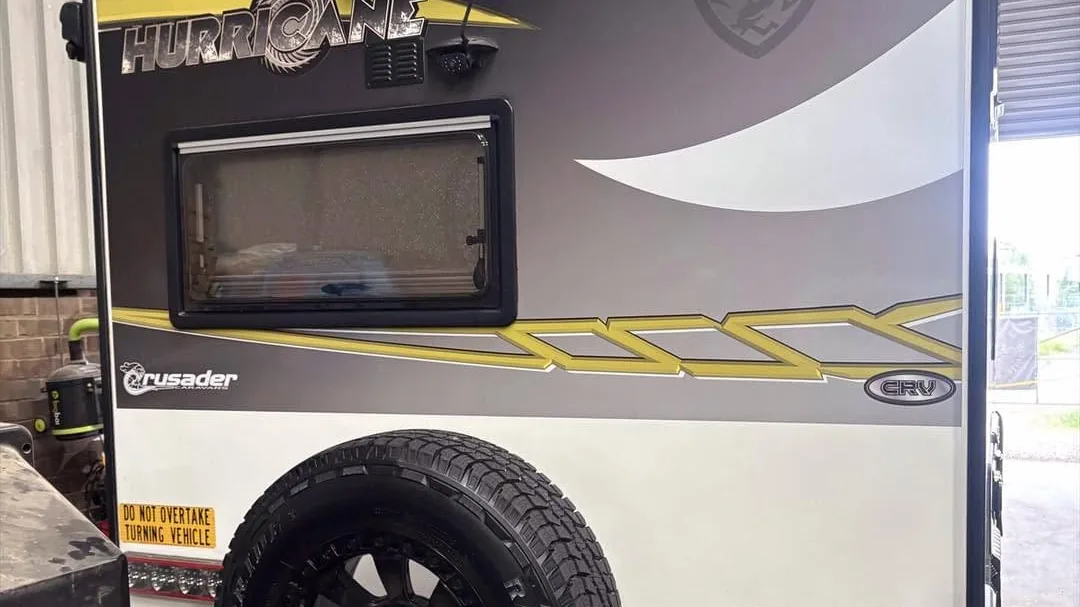 Rear of a Crusader Hurricane caravan, streak-free after detailing at DJM Detailing