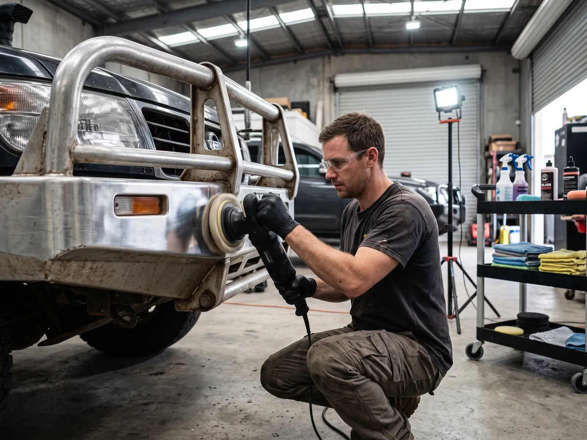 Detailer polishing an aluminium bull bar on a 4WD inside the workshop