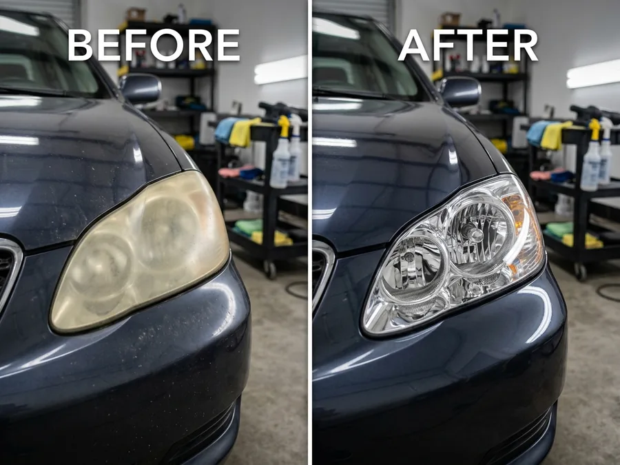 Before and after headlight restoration on a dark blue sedan