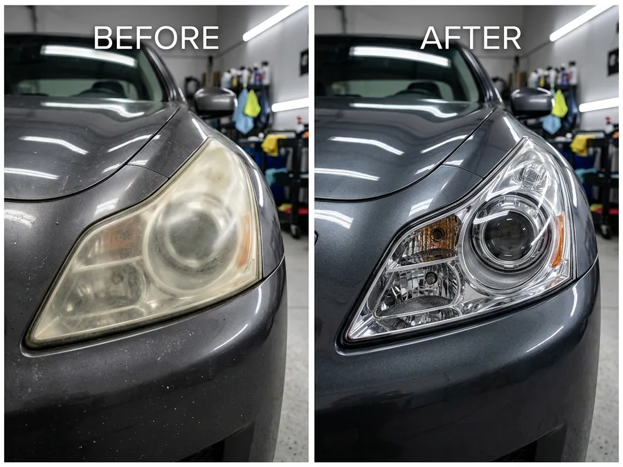 Before and after headlight restoration on a grey sedan