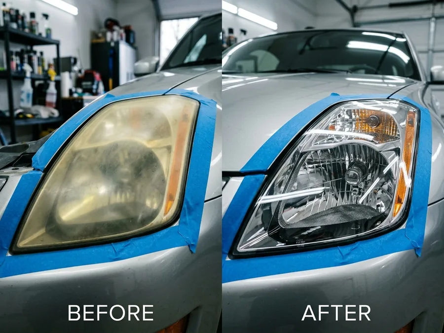 Before and after headlight restoration on a silver car