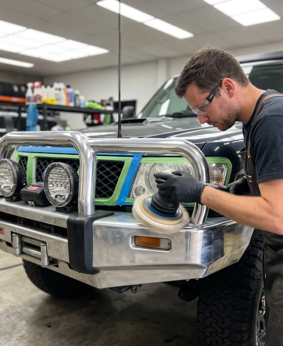 Detailer machine polishing an aluminium bull bar under studio lighting, DJM Detailing Bendigo