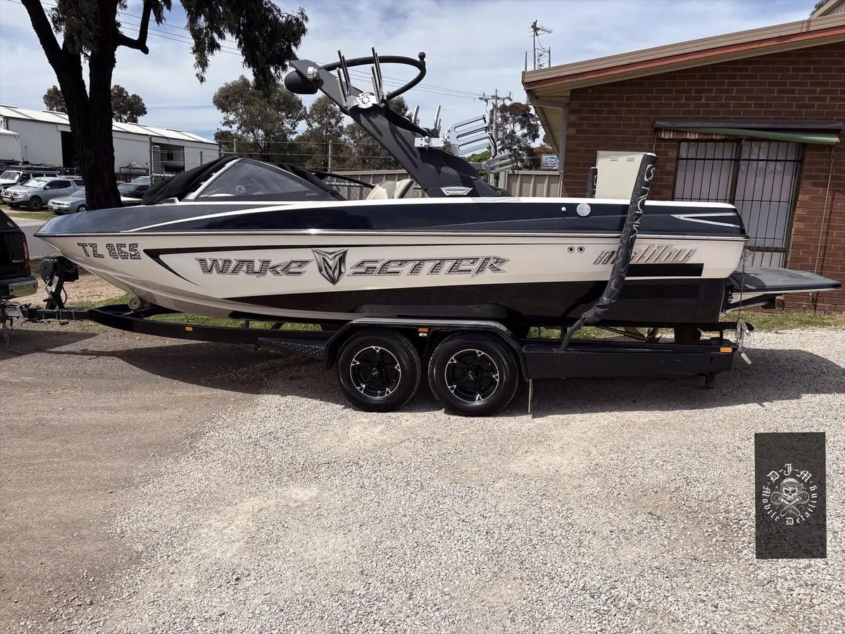 Malibu Wakesetter wake boat detailed on its trailer, ready for Lake Eppalock