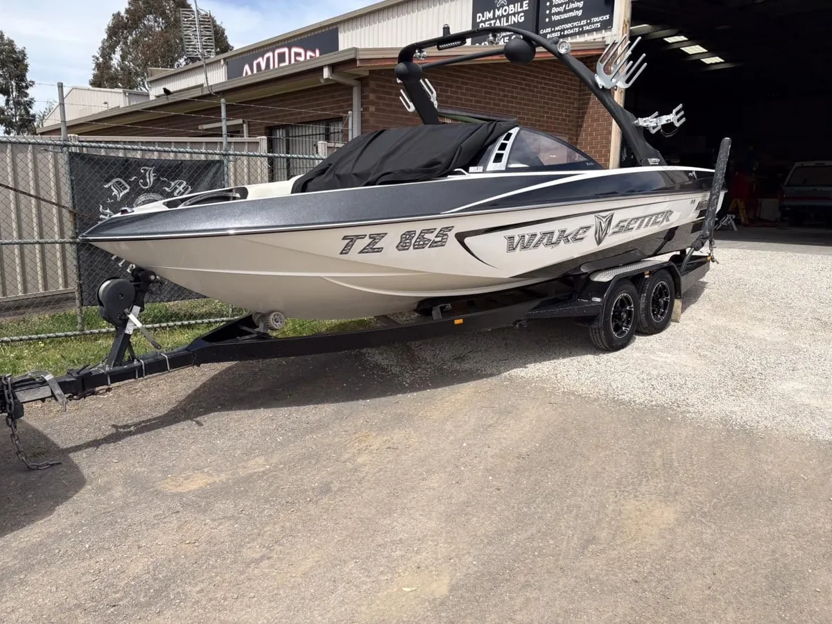 Malibu Wakesetter ski boat detailed and polished on its trailer at DJM Detailing, Bendigo