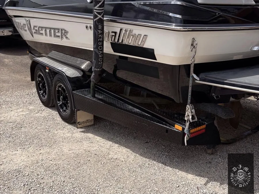 Stern of a detailed Malibu Wakesetter on its trailer