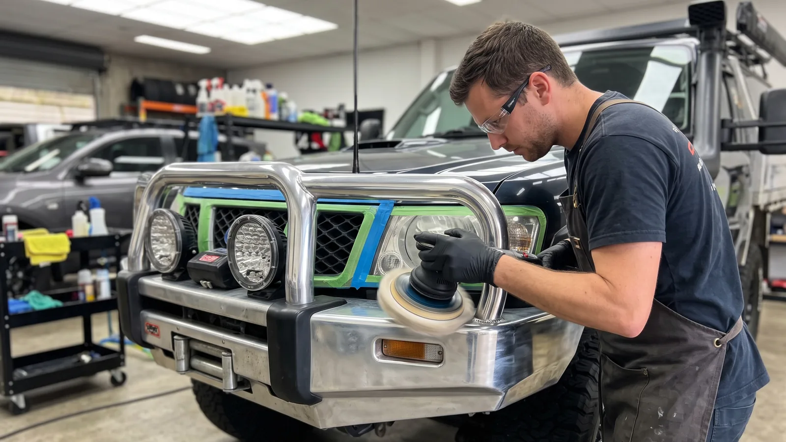 Front end masked up and machine polished in the studio, DJM Detailing Bendigo